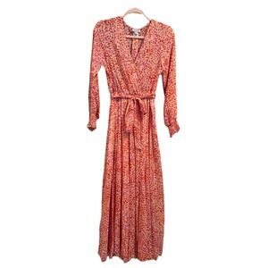 NEW Alexa B Nites Belted Maxi Dress Women's SZ 4 Pink Abstract L/S Vneck Party